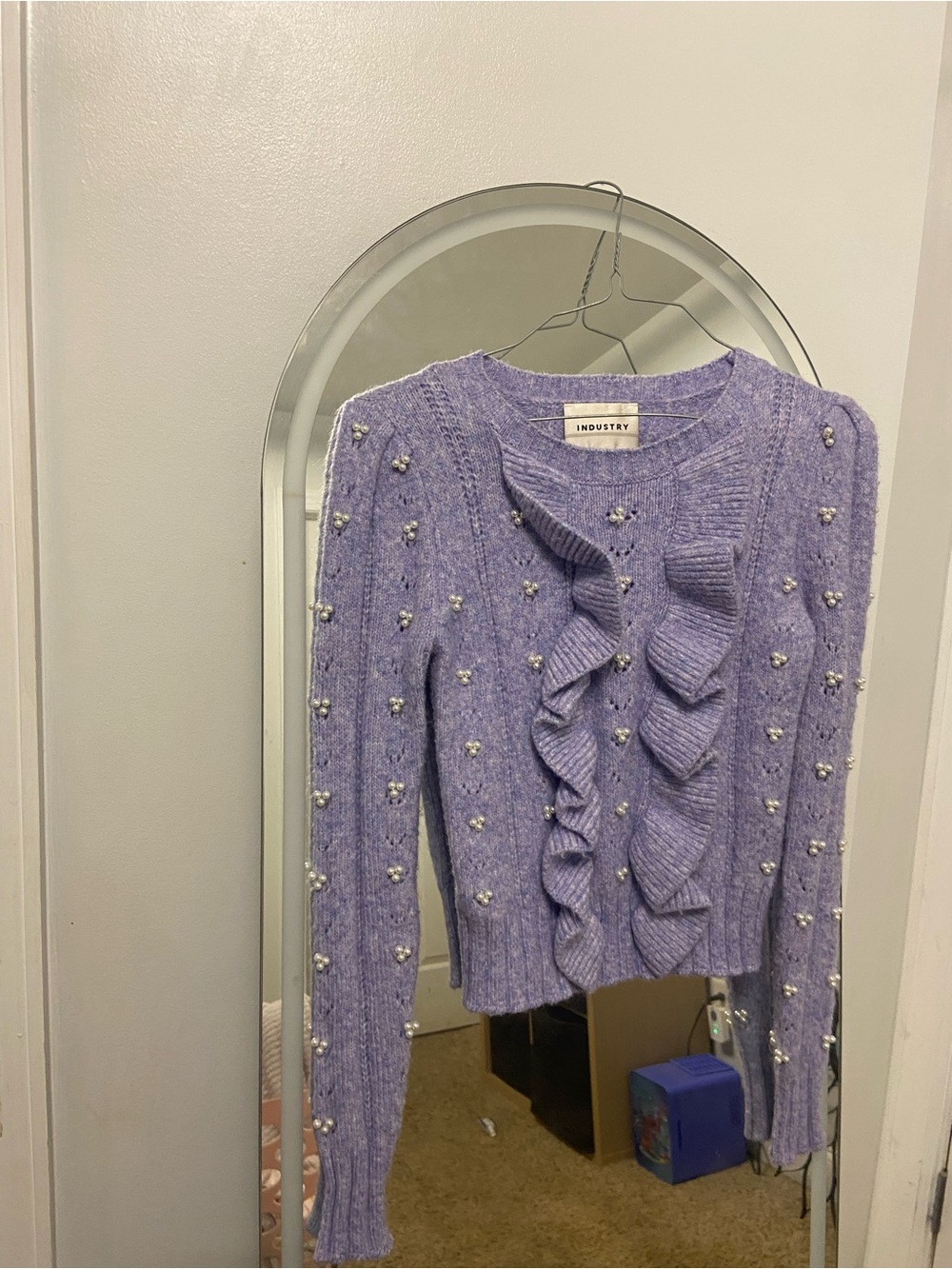 INDUSTRY Lilac Pearl-Accent Ruffle Crewneck Sweater
